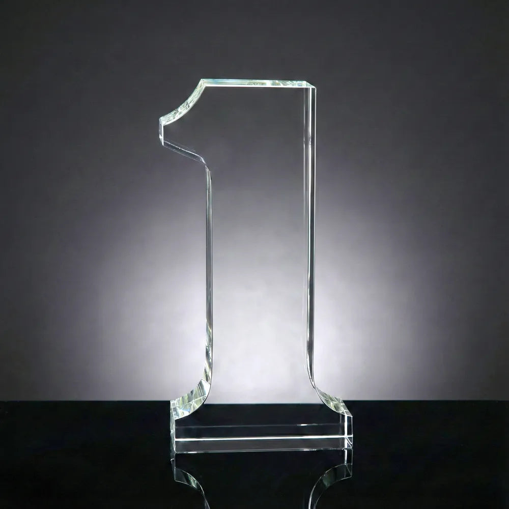 Crystal Glass Trophy in Number One Shape with Gold Lock Closure Box