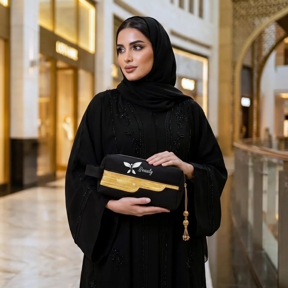 حقيبة أغراض ومكياج سوداء متعددة الاستخدام بتطريز البشت