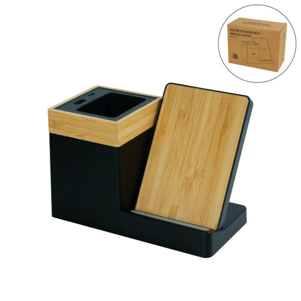 50 Bamboo Desktop Pen Holder with 15W Wireless Charger