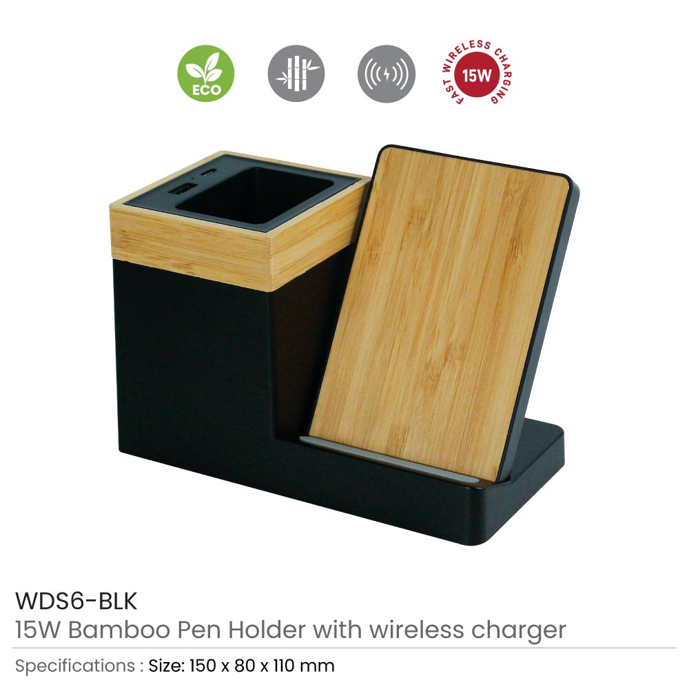 Bamboo Pen Holder with 15W Wireless Charger & LED Logo