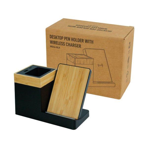 50 Bamboo Desktop Pen Holder with 15W Wireless Charger