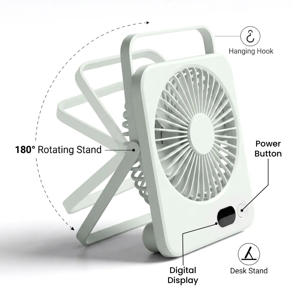 Rechargeable Table-Top Fan with Rotating Desk Stand, Compact & Portable, Type-C