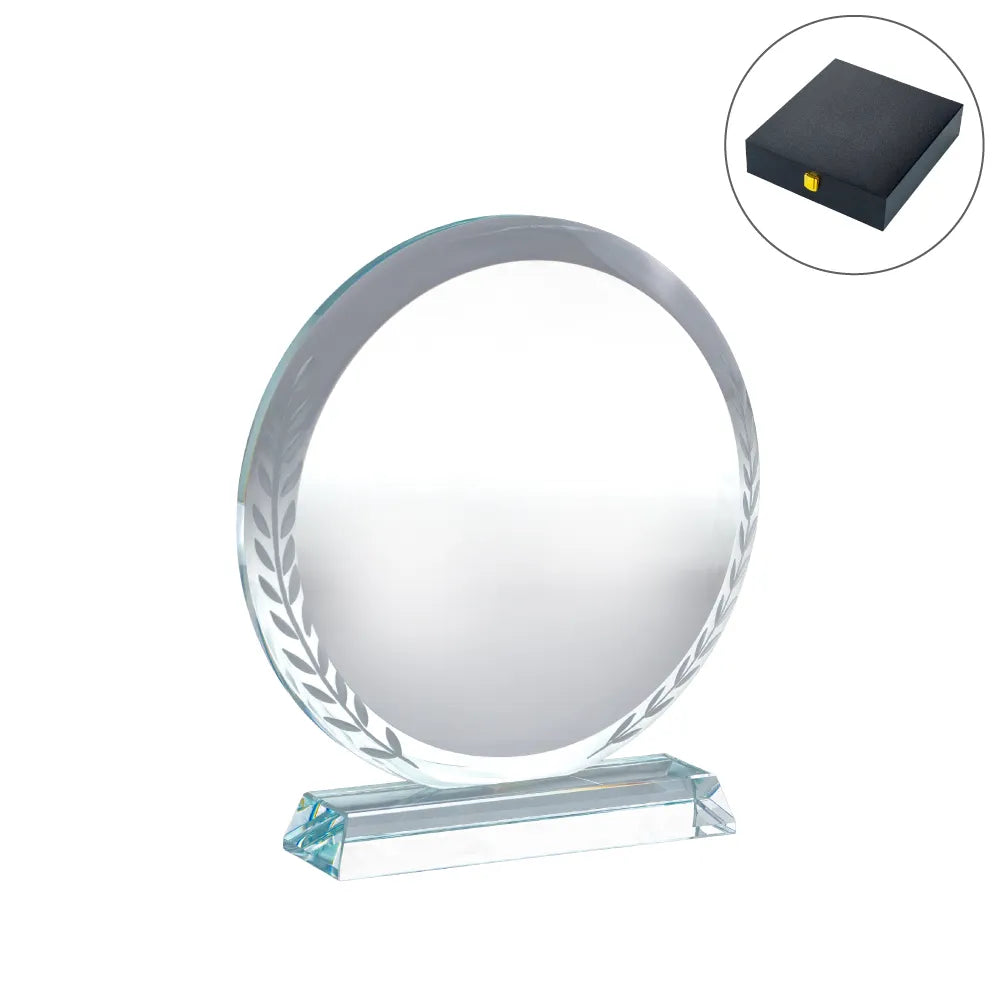 Round Clear Crystal Award with Engraved Leaves