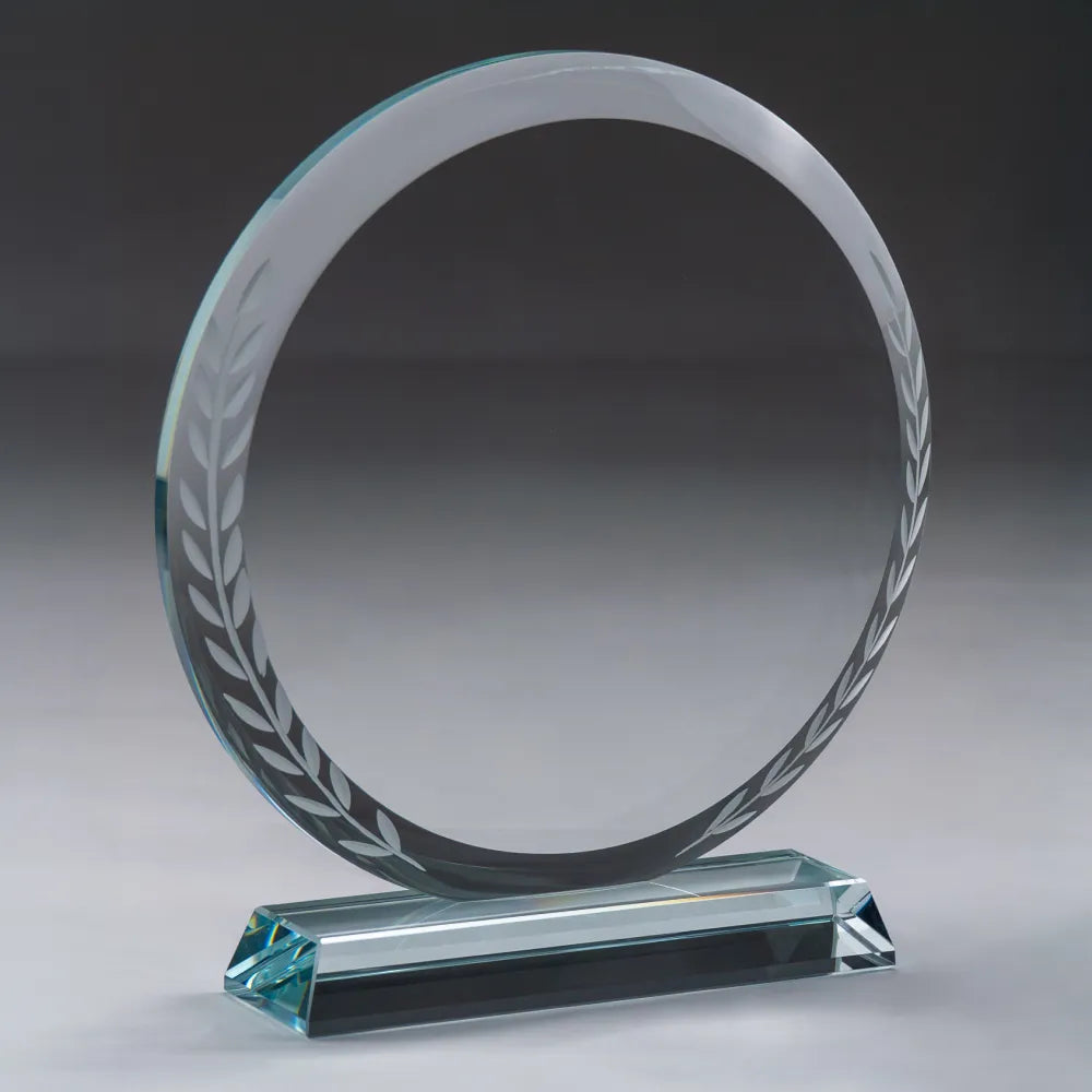 Round Clear Crystal Award with Engraved Leaves
