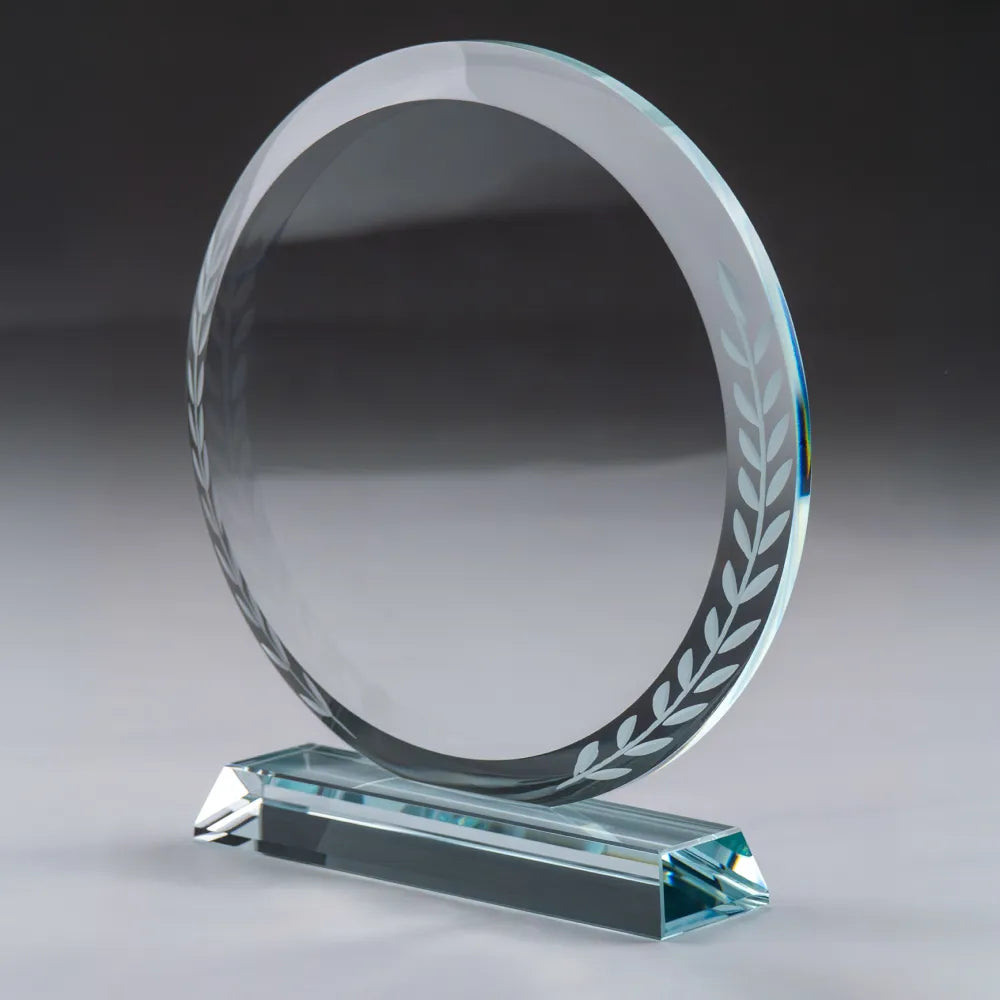 Round Clear Crystal Award with Engraved Leaves