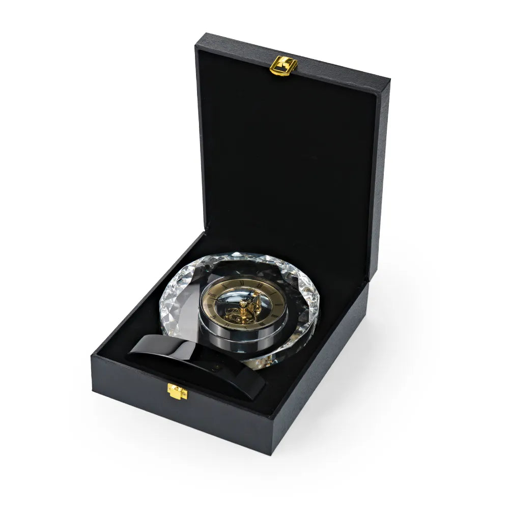 Round Crystal Clock Awards with Oval Glass Base in Box