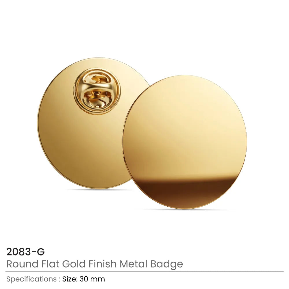 Round Flat Metal Badges 30mm with Butterfly Clutch Attachment