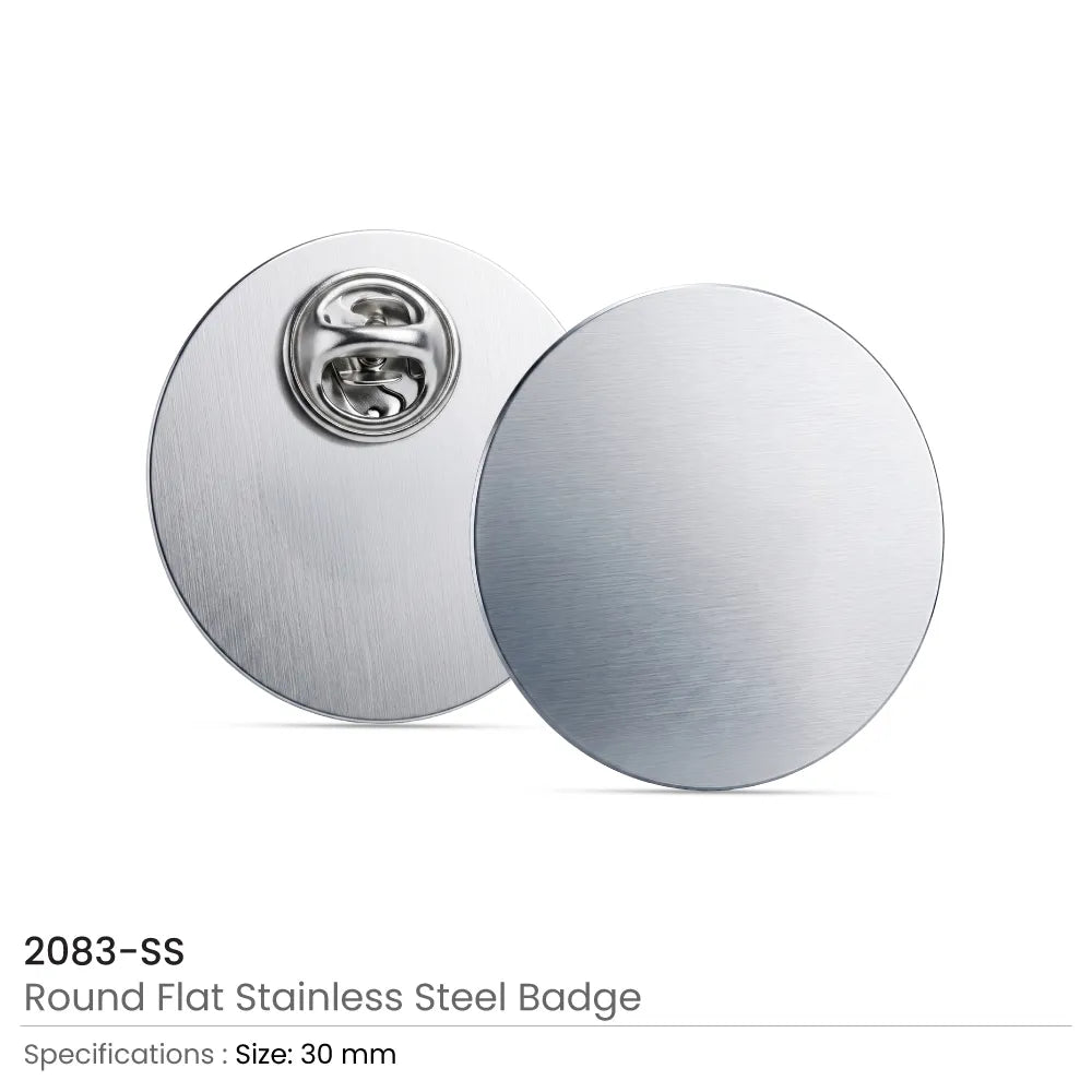 Round Flat Metal Badges 30mm with Butterfly Clutch Attachment