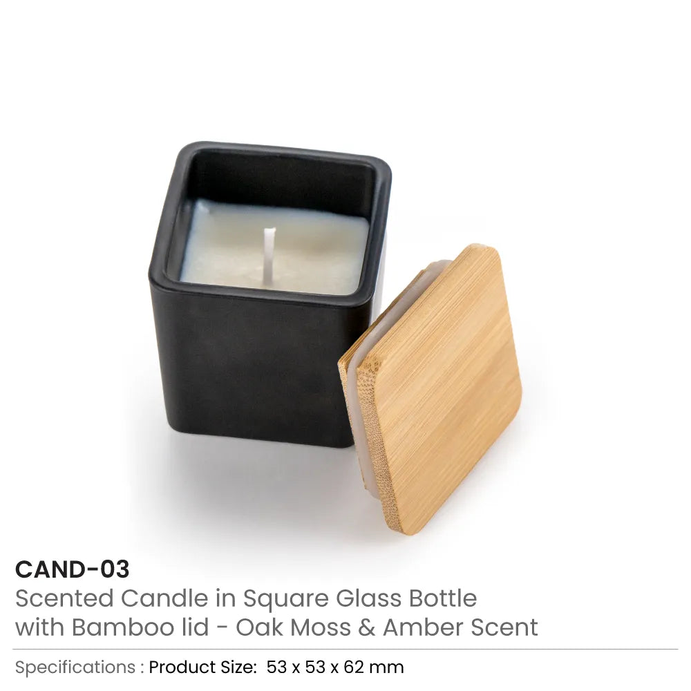 Scented Candle in Square Glass Bottle with Bamboo Lid, Oakmoss & Amber Scent
