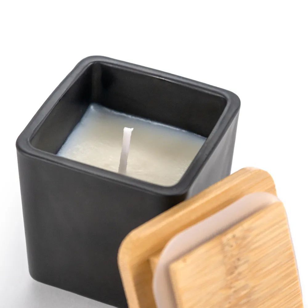 Scented Candle in Square Glass Bottle with Bamboo Lid, Oakmoss & Amber Scent