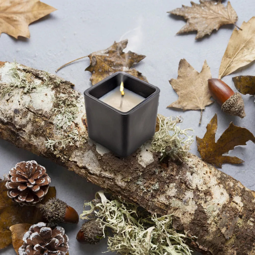Scented Candle in Square Glass Bottle with Bamboo Lid, Oakmoss & Amber Scent