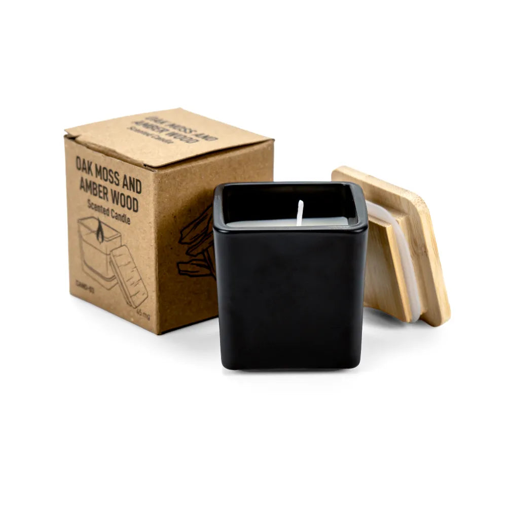 Scented Candle in Square Glass Bottle with Bamboo Lid, Oakmoss & Amber Scent