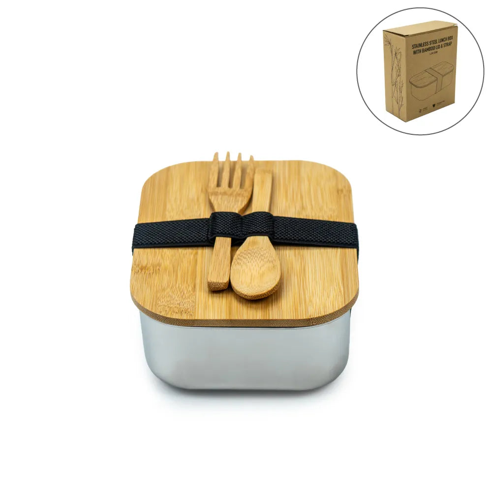 Stainless Steel Lunch Box with Bamboo Lid & Strap