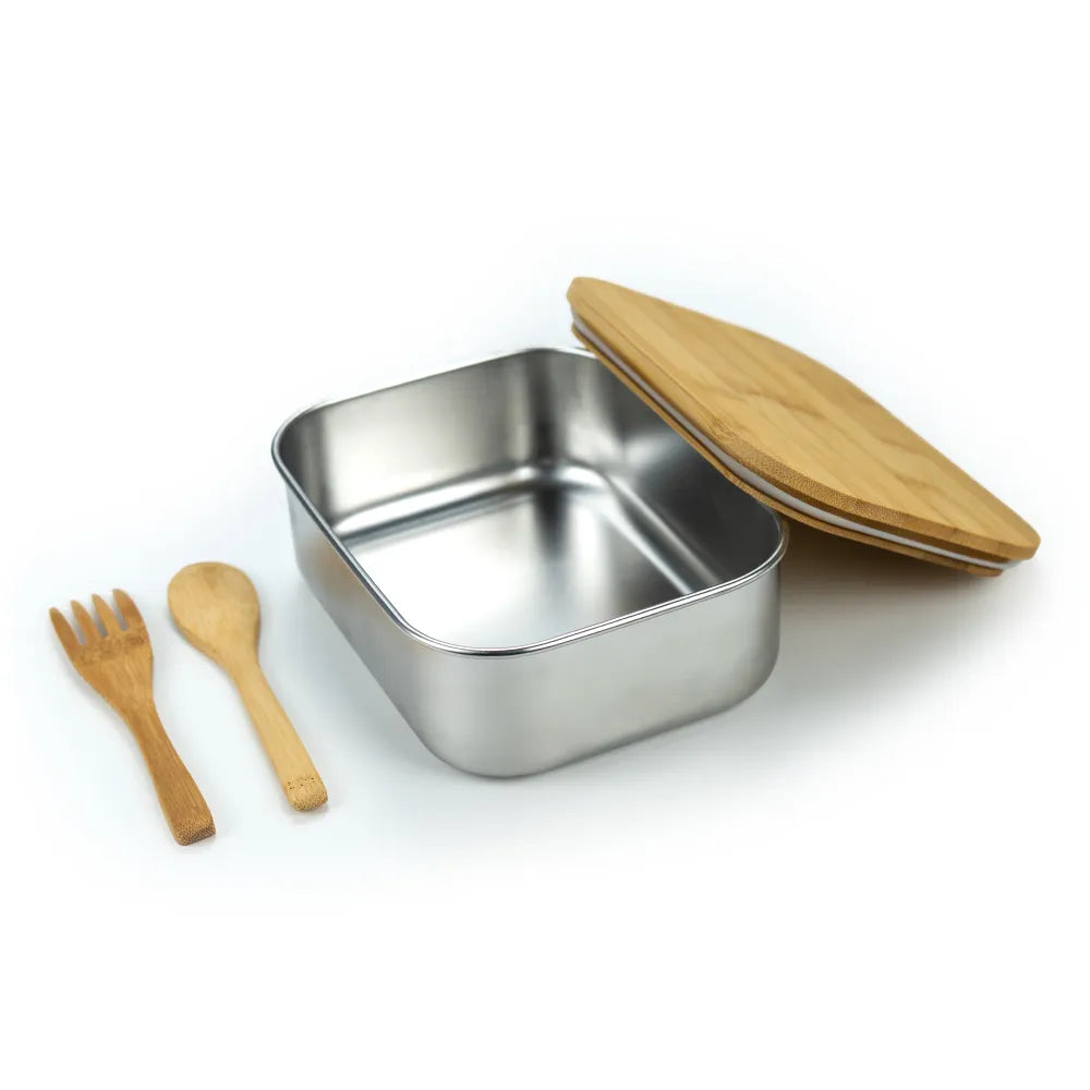 Stainless Steel Lunch Box with Bamboo Lid & Strap