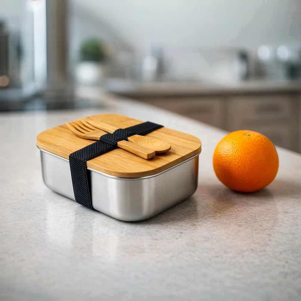 Stainless Steel Lunch Box with Bamboo Lid & Strap