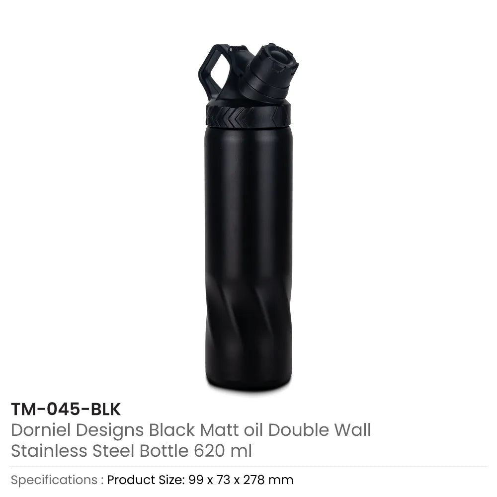 Stainless Steel Water Bottles in Black Matte, Double Wall, 620ml