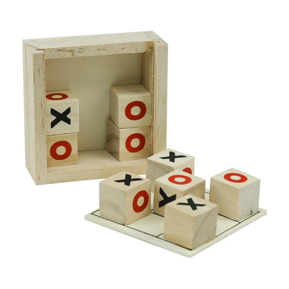 Tic-Tac-Toe Wooden Board Game with Slide Storage Box – 9 Wooden Cubes