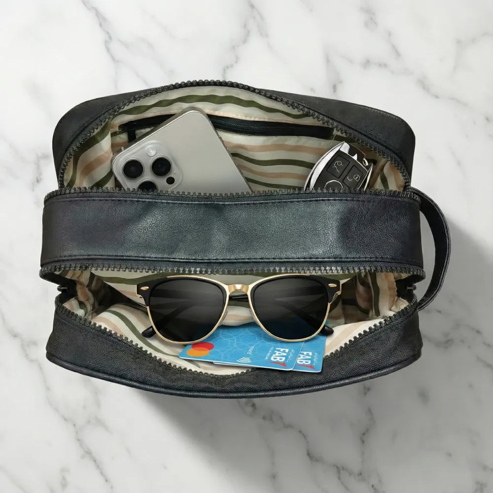 Twill Fabric Utility Pouch with PU Handle and 2 Main Zipper Compartments