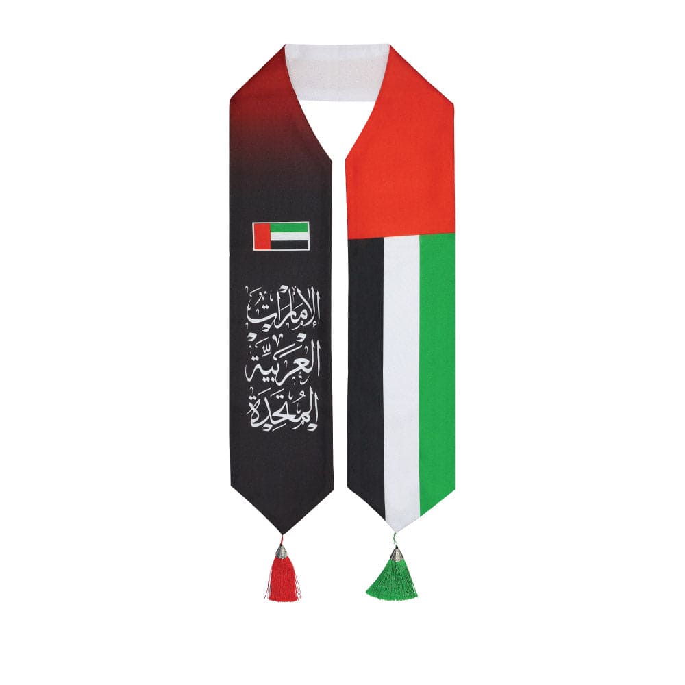 50 UAE Flag Scarf with Arabic Writing, Red & Green Tassel