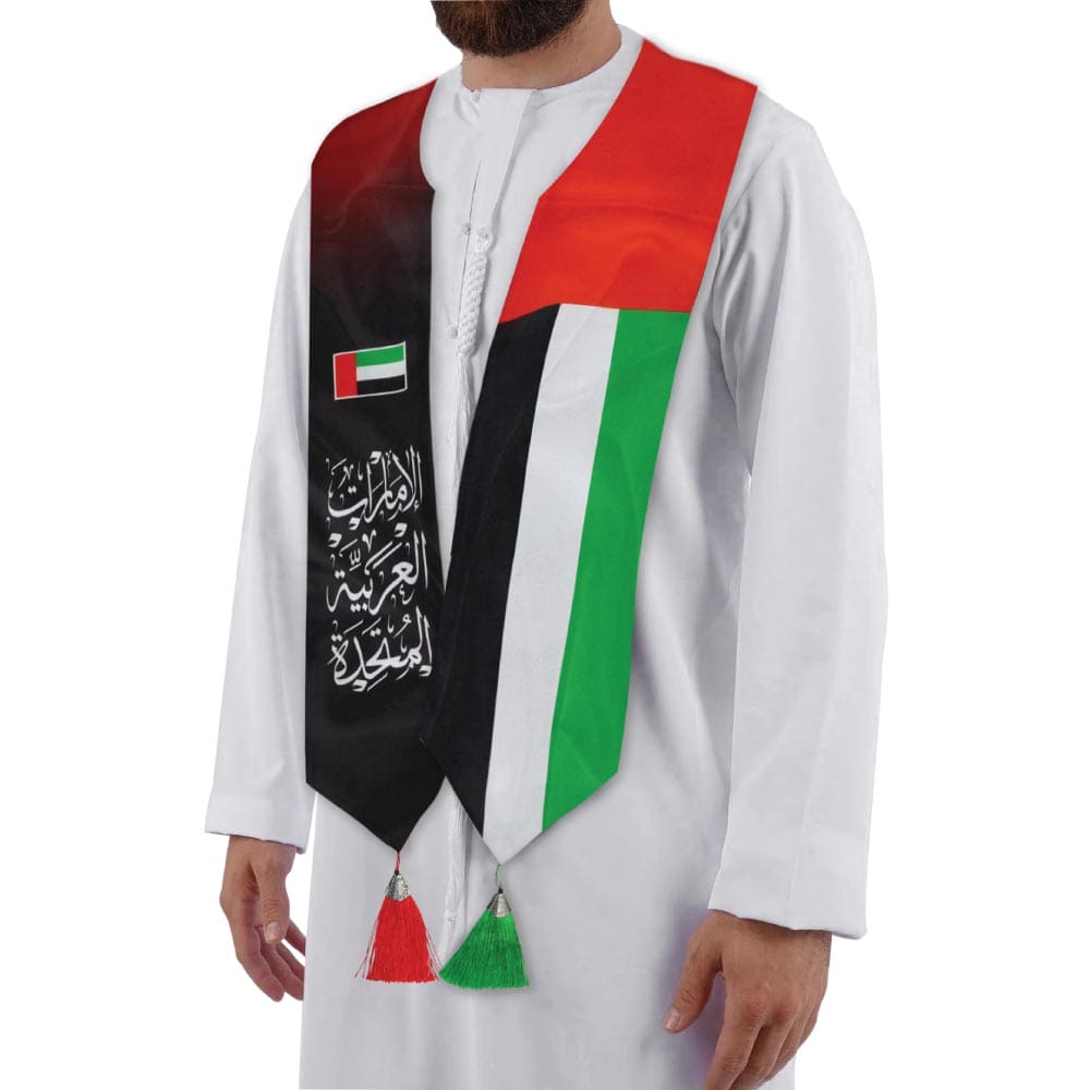 50 UAE Flag Scarf with Arabic Writing, Red & Green Tassel