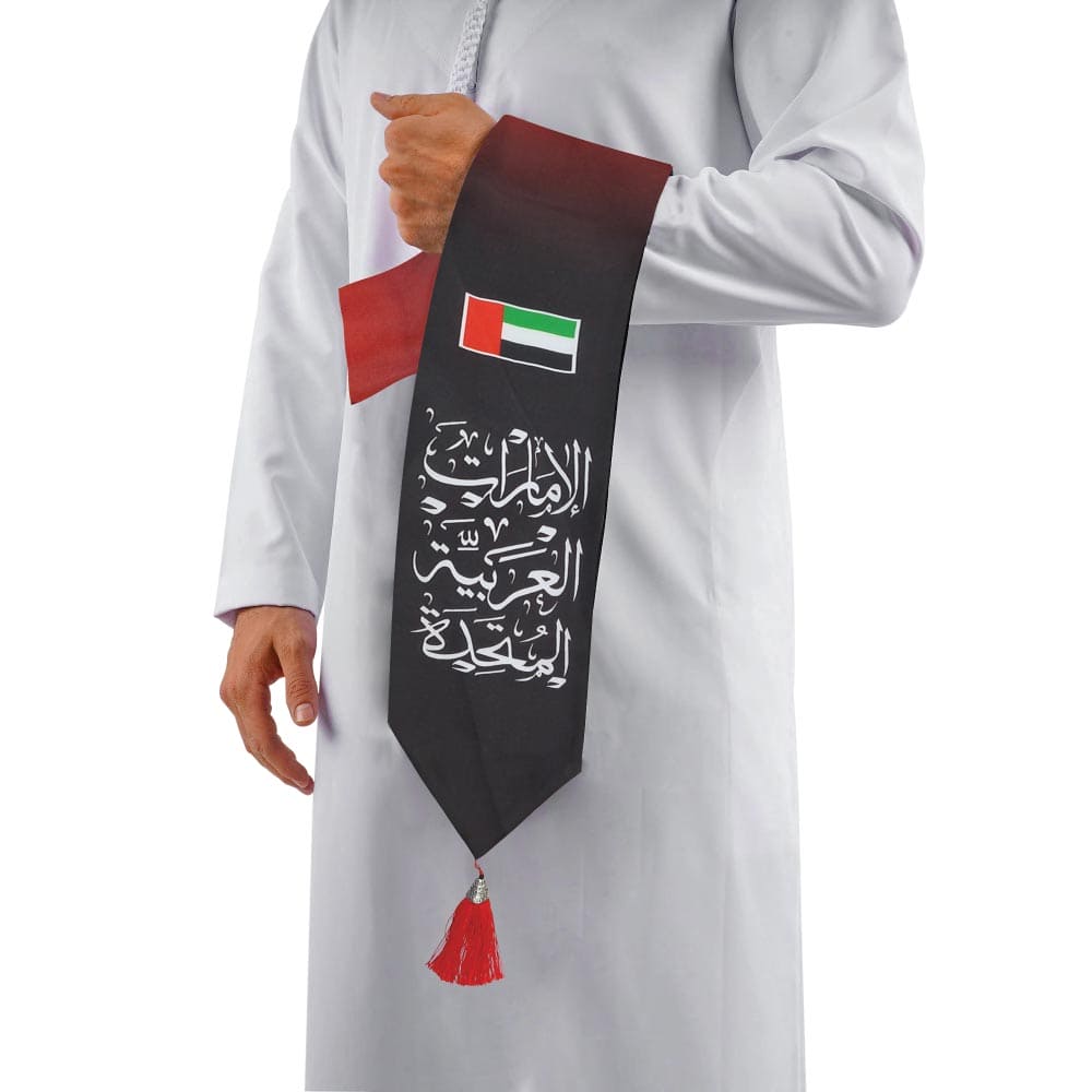 50 UAE Flag Scarf with Arabic Writing, Red & Green Tassel
