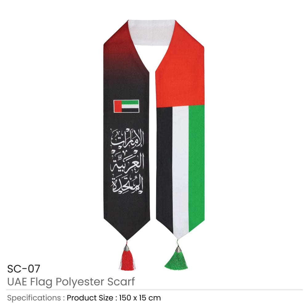 50 UAE Flag Scarf with Arabic Writing, Red & Green Tassel