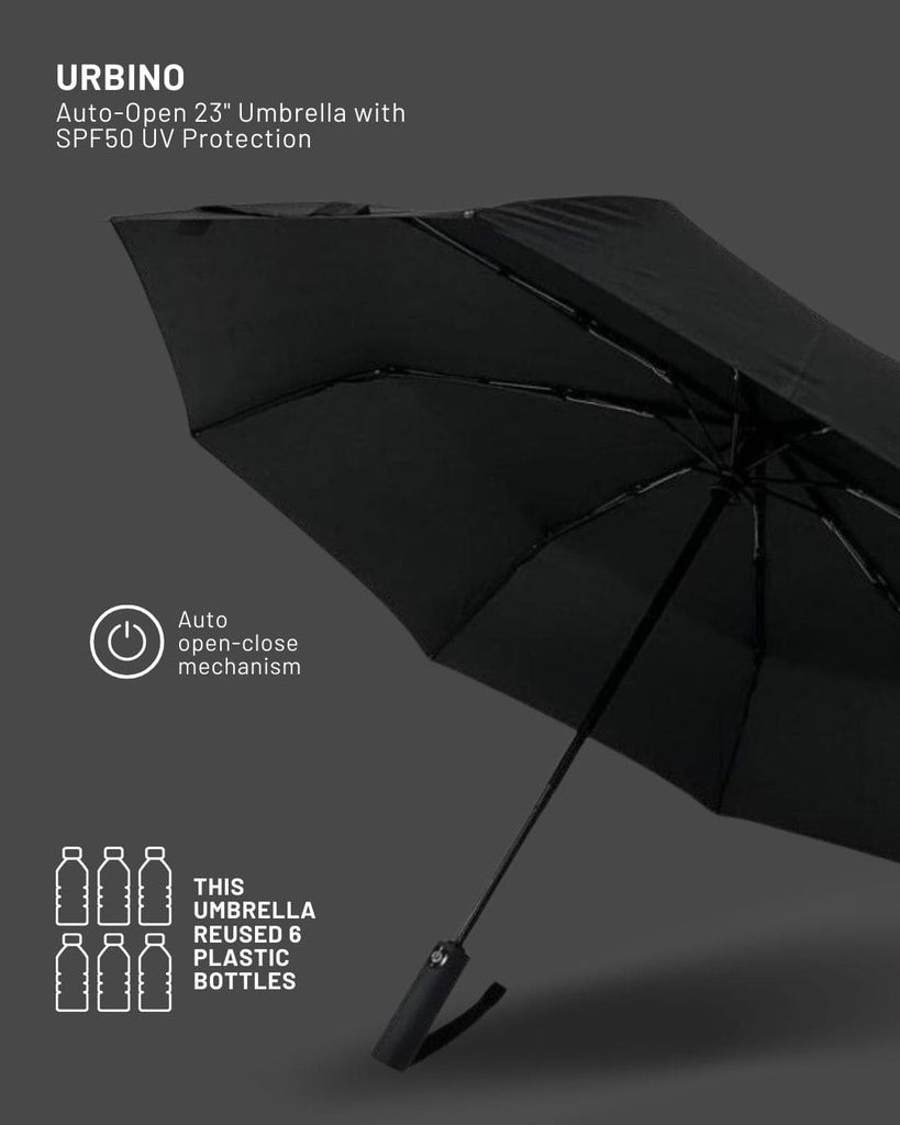 URBINO - Santhome RPET Auto-Open 23" Umbrella with SPF50 UV Protection - Black