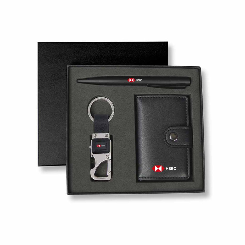 REINE - Set of RFID Card Holder, Key Chain and Pen - Black