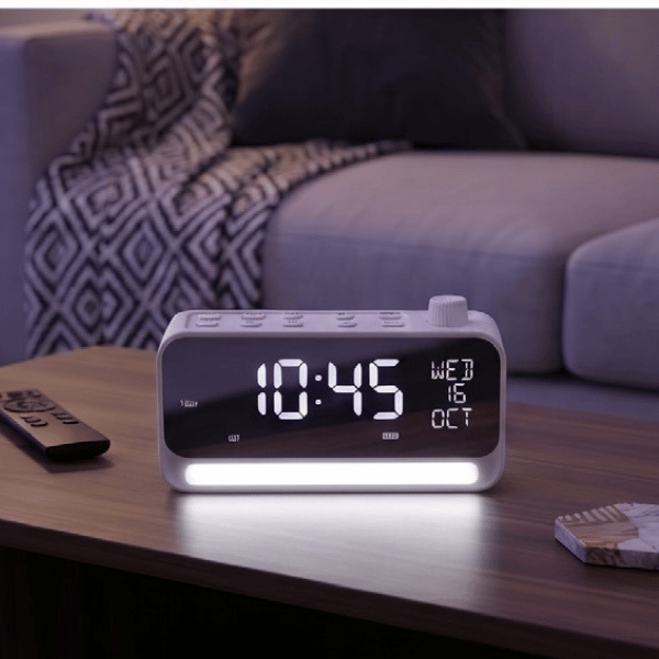Time Beat White — Bluetooth 5.4 Speaker with Digital Alarm Clock & Calendar Display