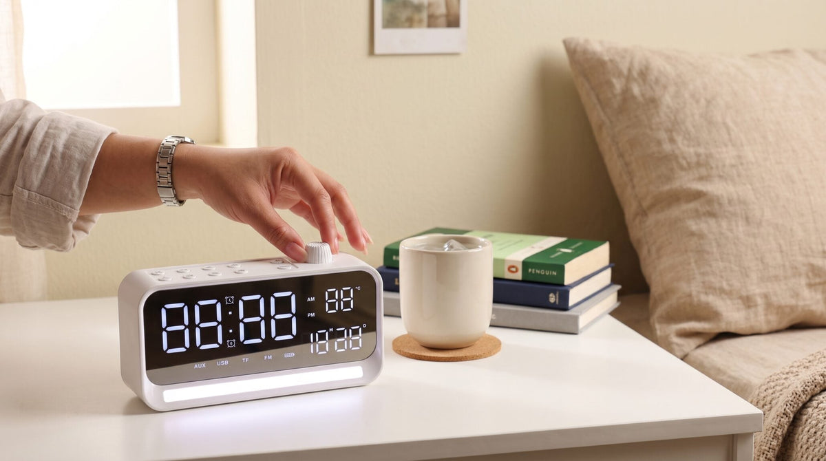 Time Beat White — Bluetooth 5.4 Speaker with Digital Alarm Clock & Calendar Display