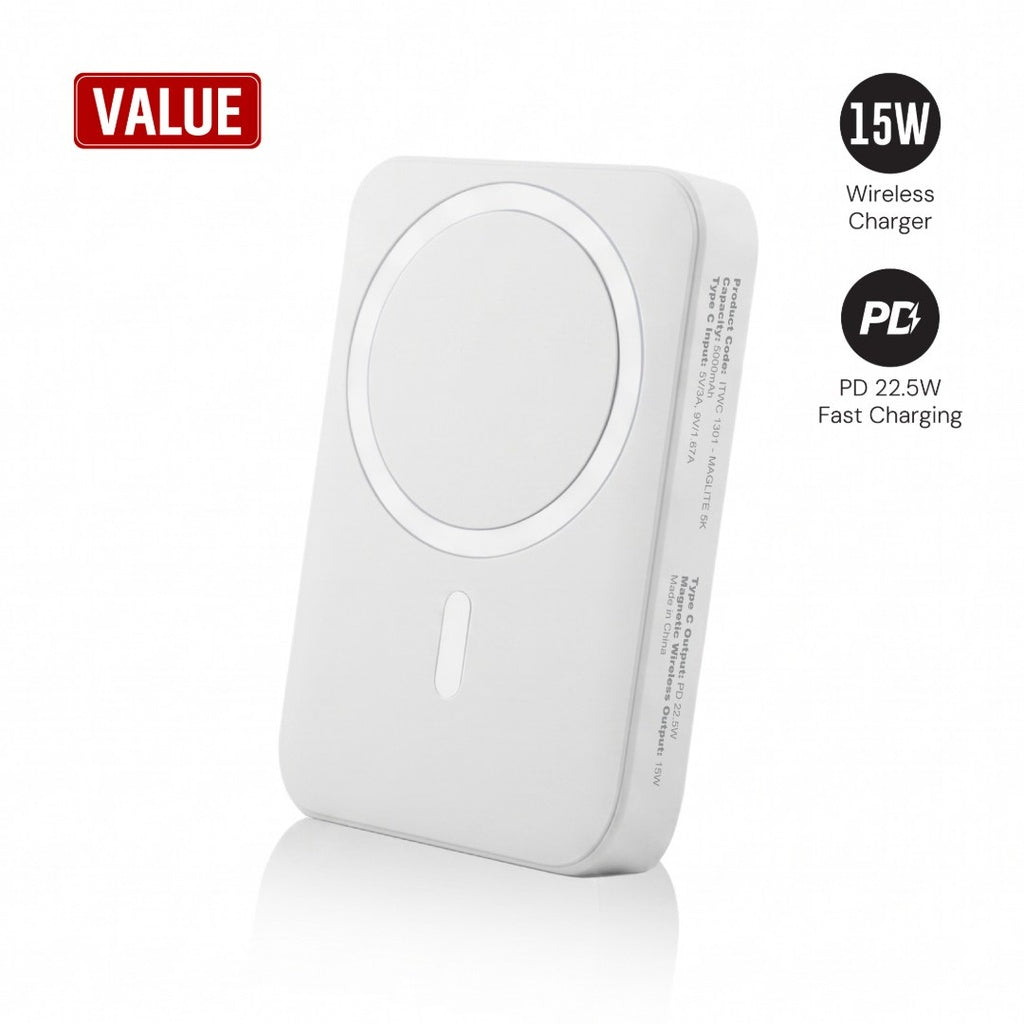 Maglite 5K — 5,000 mAh Magnetic Wireless Power Bank, White