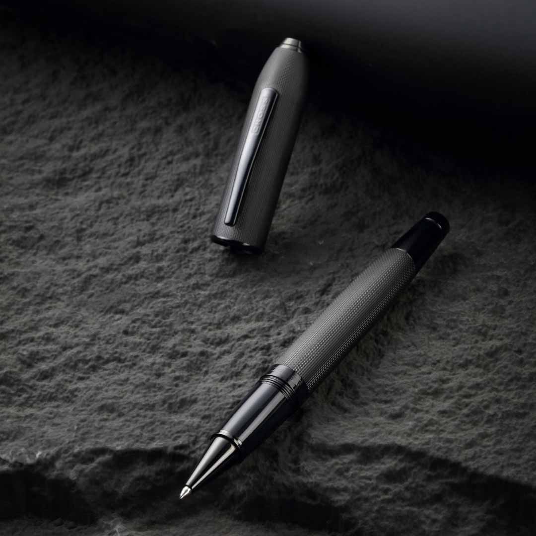 Peerless™ Polished Black PVD Engraved Diamond Pattern with Black PVD Appointments and Swarovski Crystal Rollerball Pen (Blue Ink)