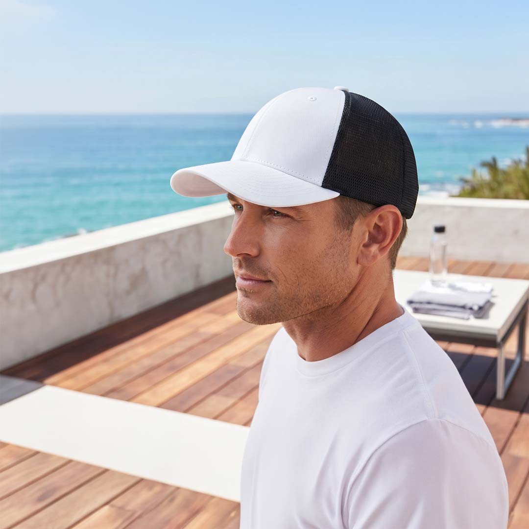 Swift — Santhome 6 Panel Trucker Cap, White / Black