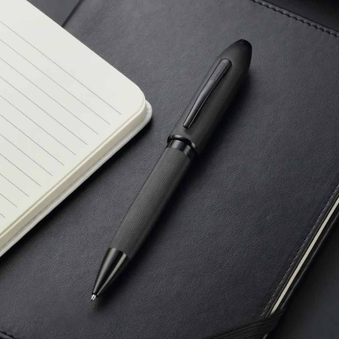 Peerless™ Polished Black PVD Engraved Diamond Pattern with Black PVD Appointments and Swarovski Crystal Ballpoint Pen (Blue Ink)