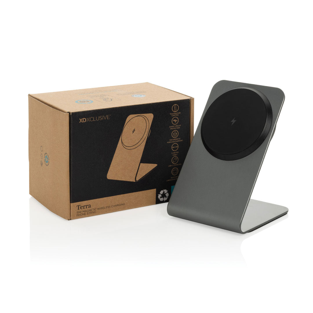 TERRA aluminum 15W magnetic wireless charging phone stand - Grey — view 4 — MaxPrint Dubai