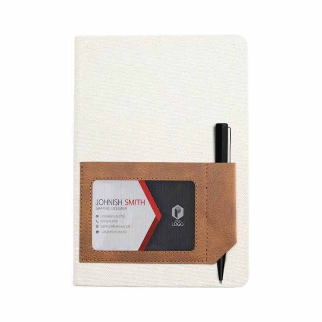 ADANA - Santhome Recycled Canvas A5 Hard Cover Notebook with PU Pocket - Beige — view 6 — MaxPrint Dubai