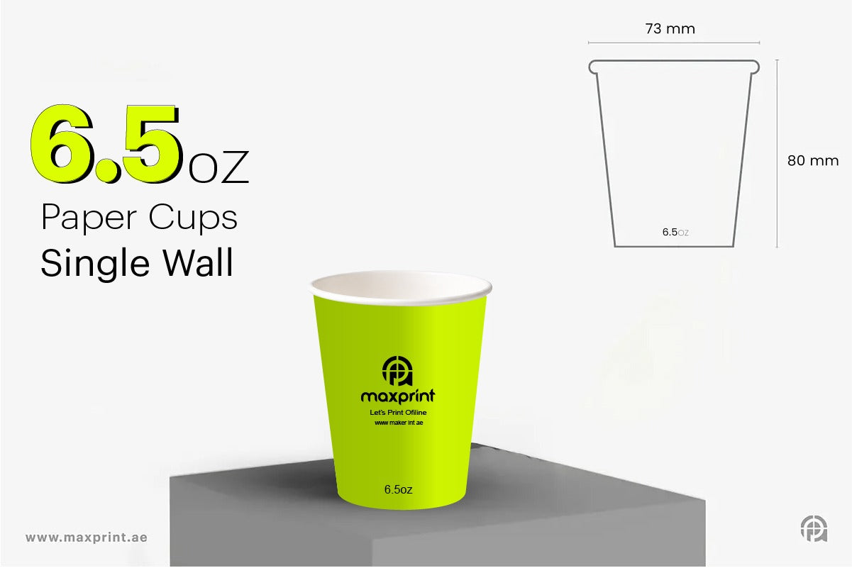 6.5oz single wall paper cups with logo printing Dubai — 73mm x 80mm