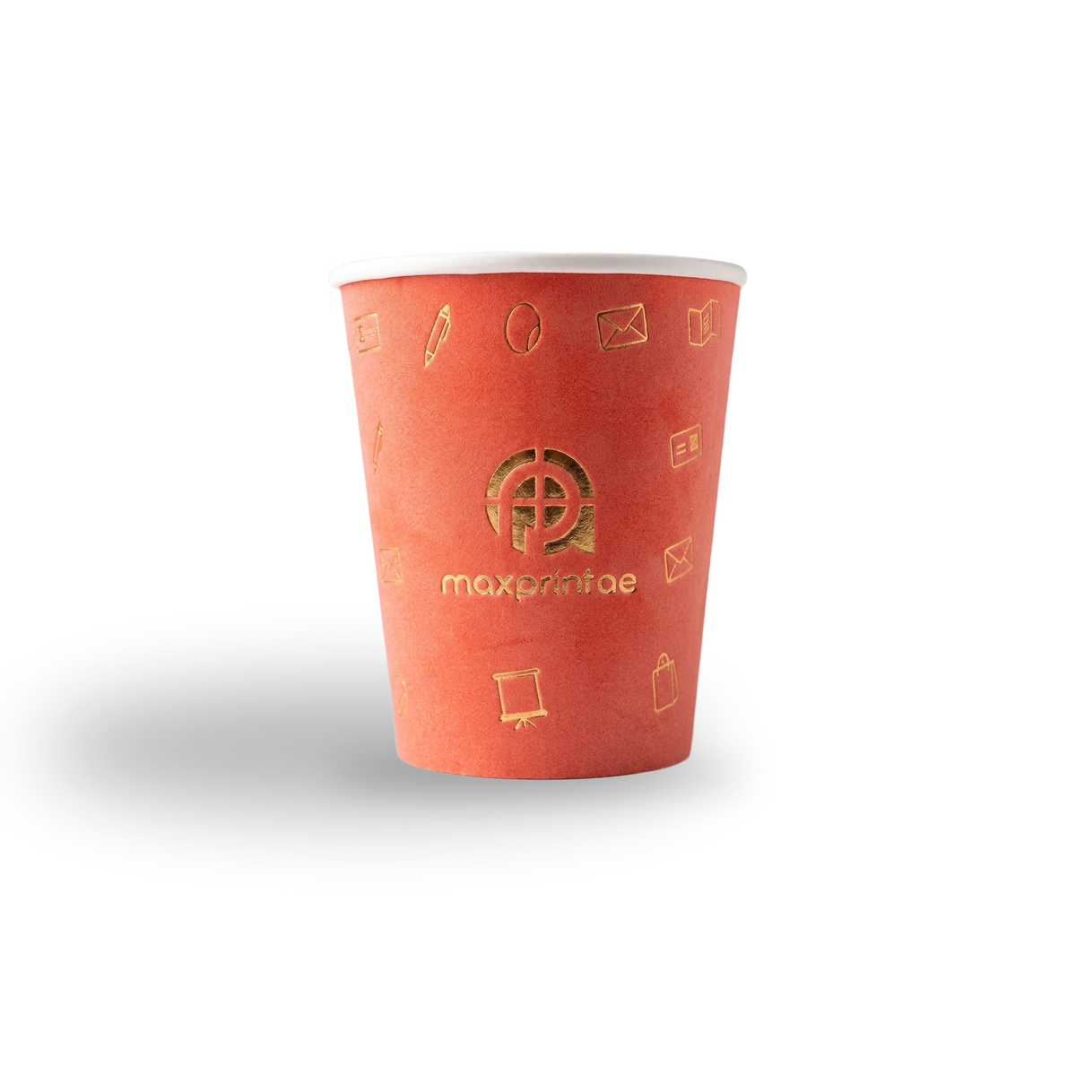8 oz coral velvet paper cup with a gold foil logo — MaxPrint Dubai