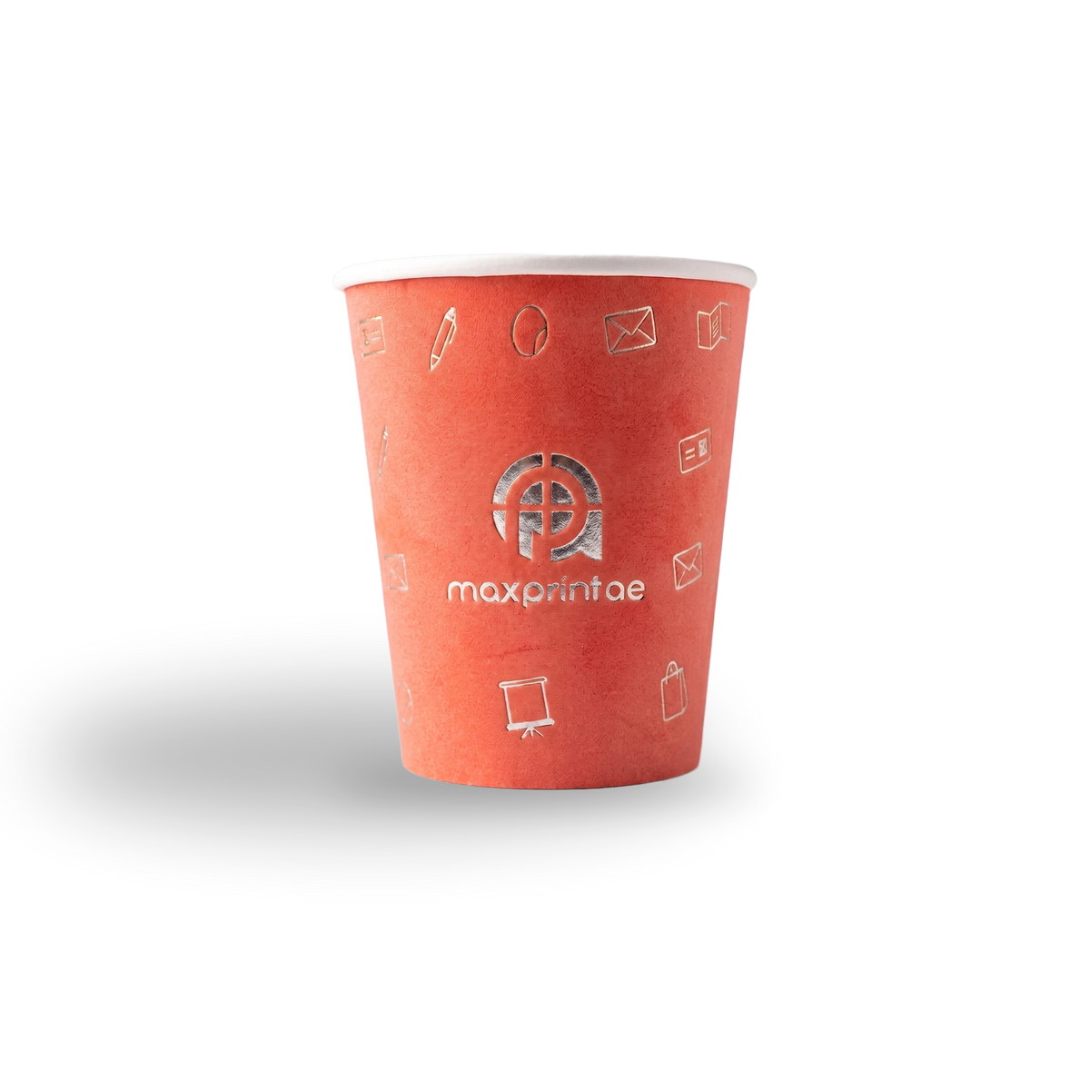 8 oz coral velvet paper cup with a silver foil logo — MaxPrint Dubai