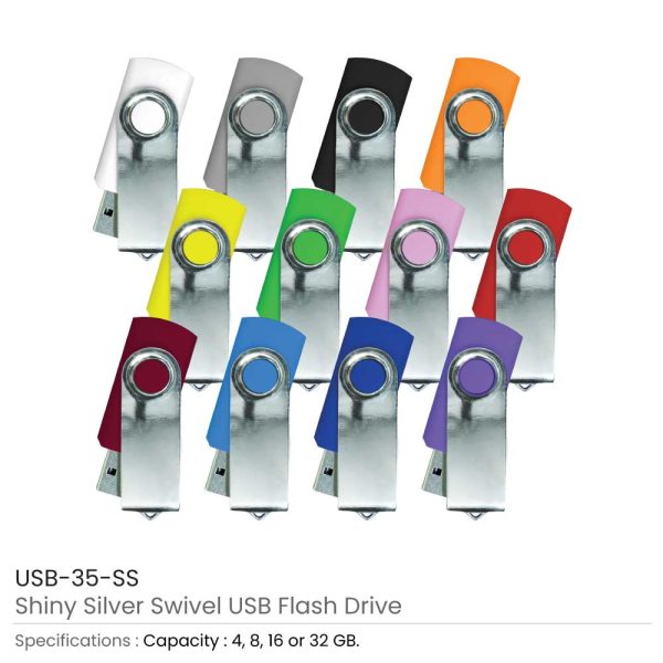 50 Shiny Silver Swivel USB Flash Drives - 32 GB